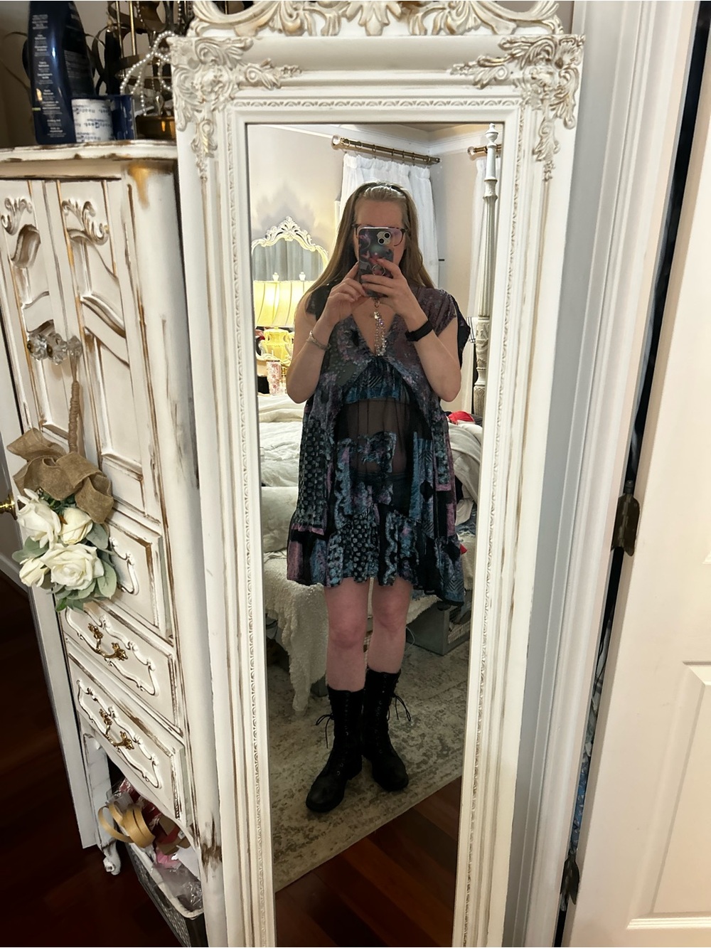 Free People Burnout Velvet Mended With Scarves Mini Dress NWT Large